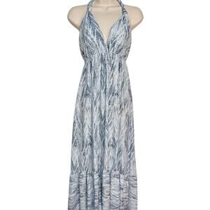 Tyche USA Halter Blue and Ivory Print Maxi Dress, Women's Size M, EUC